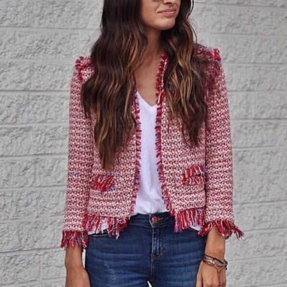Zara Tweed Blazer Jacket with Fringe